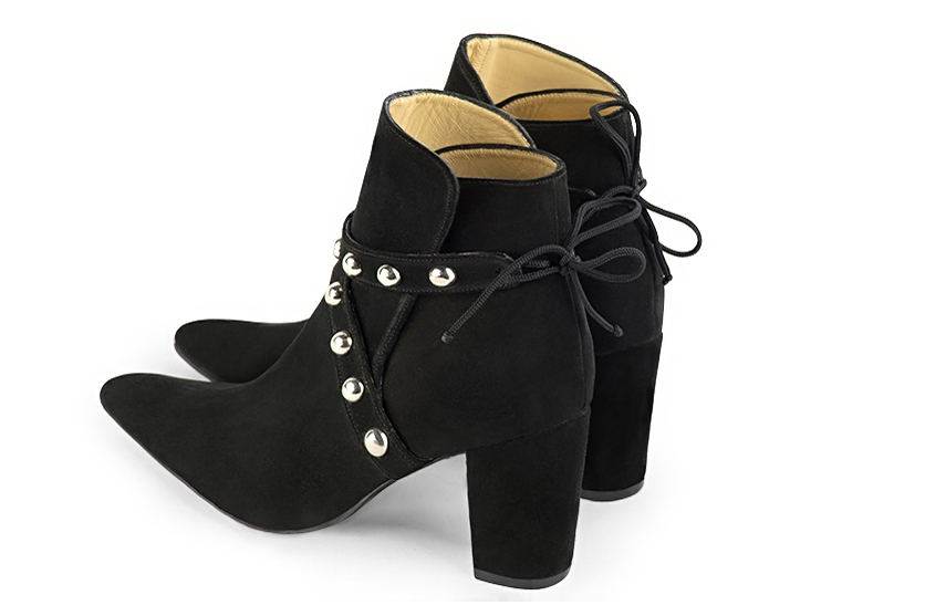 Matt black women's ankle boots with laces at the back. Tapered toe. High block heels. Rear view - Florence KOOIJMAN